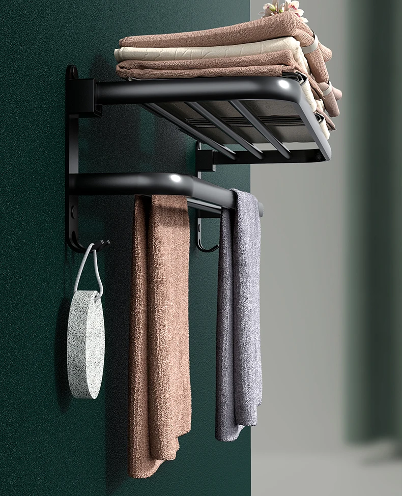

Matte Black Towel Rack Hanger Wall Mounted 40-50 CM Towel Bar Bathroom Space Aluminum Towel Rail Hook Organizer Holder B620