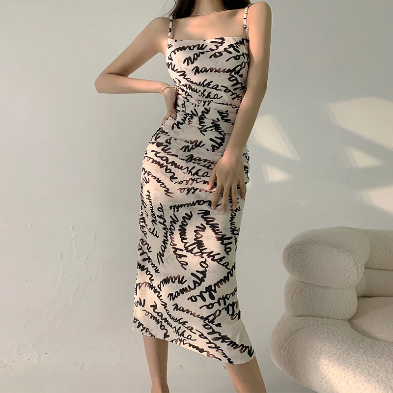 

Summer Dress Women's Dress Sleeveless Sexy Letter Fashion Swinging Collar Suspender Temperament Wrinkle Mid-length Skirt Dress