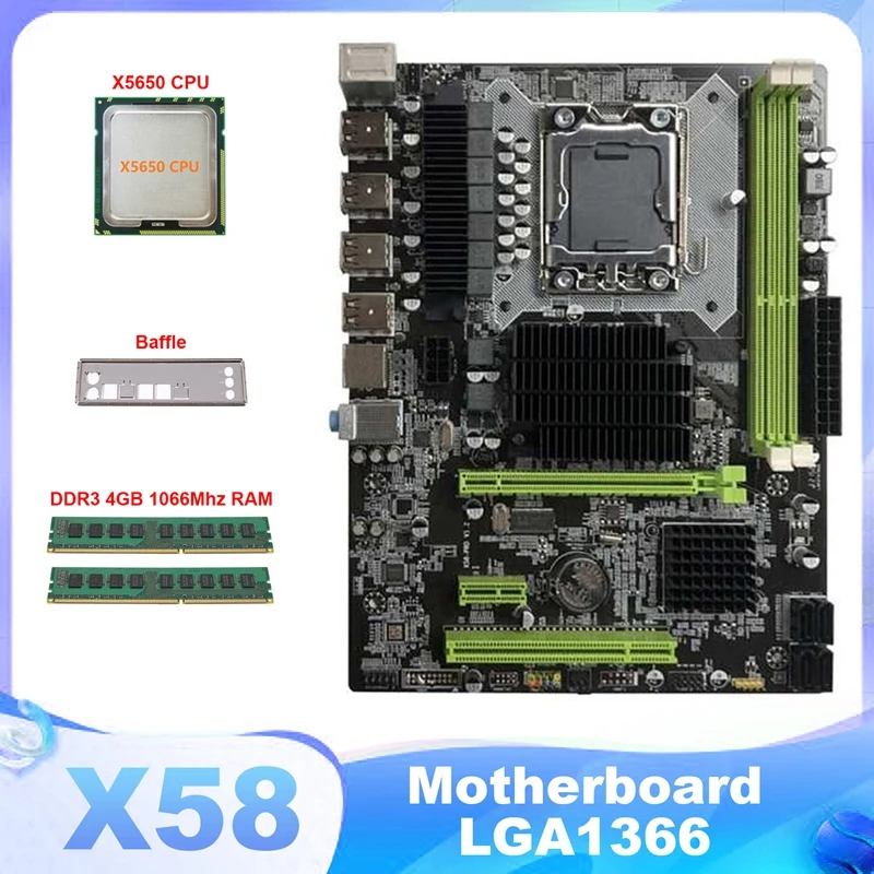 

X58 Motherboard LGA1366 Computer Motherboard Support XEON X5650 X5670 Series CPU With X5650 CPU+2XDDR3 4G 1333Mhz RAM