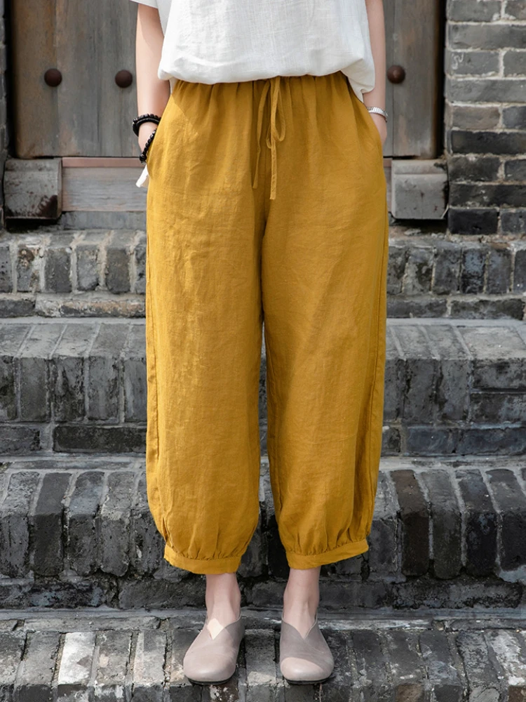 

Spring and Summer New Cotton and Linen Women's Literary Retro Loose Casual Elastic Waist Nine-point Bloomers Women's Linen Pants