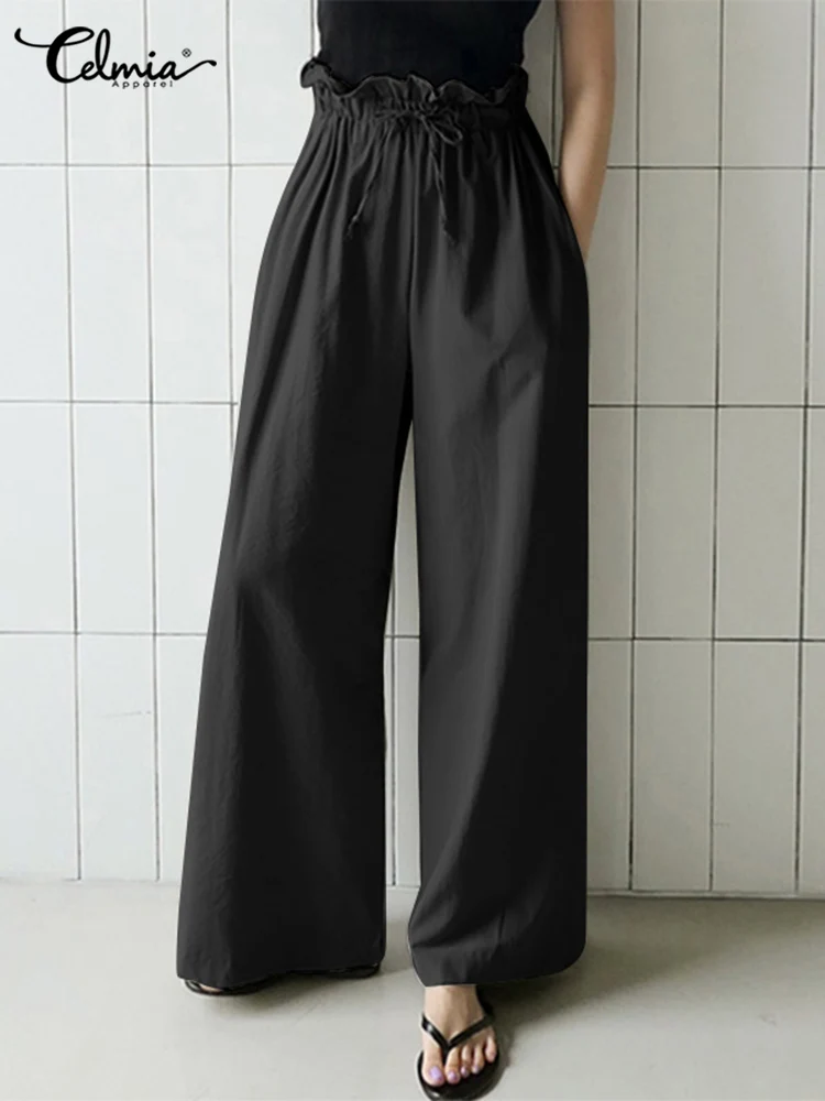 

Осенние женские хлопковые длинные брюки Celmia, повседневные широкие брюки с высокой талией, модные плиссированные элегантные повседневные П...