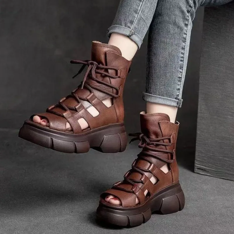 

National Style Sandals Women 2024 New Summer Thick Soled Fish Mouth Muffin Shoes Lady Soft Leather Roman High Tops Ankle Boots