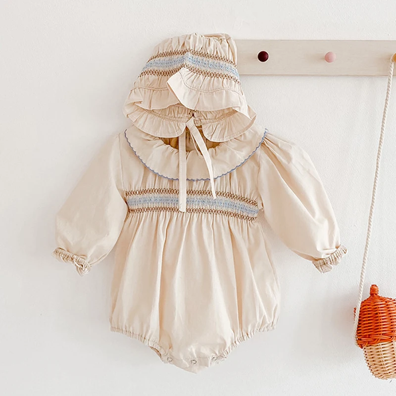 

Newborn Girls Jumpsuits Clothes 2022 Autumn Baby Lotus Leaf Collar Rompers + Hat Knitted Long Sleeve Children Rompers