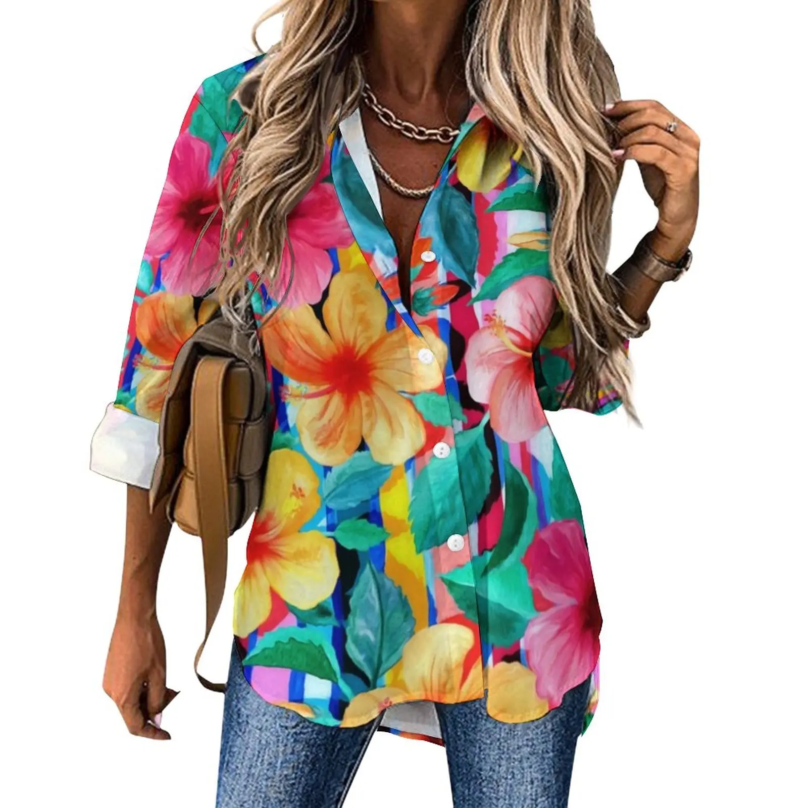 

Hawaiian Tropical Casual Blouse Hibiscus Floral Print Kawaii Design Blouses Long Sleeve Streetwear Shirt Autumn Oversize Tops
