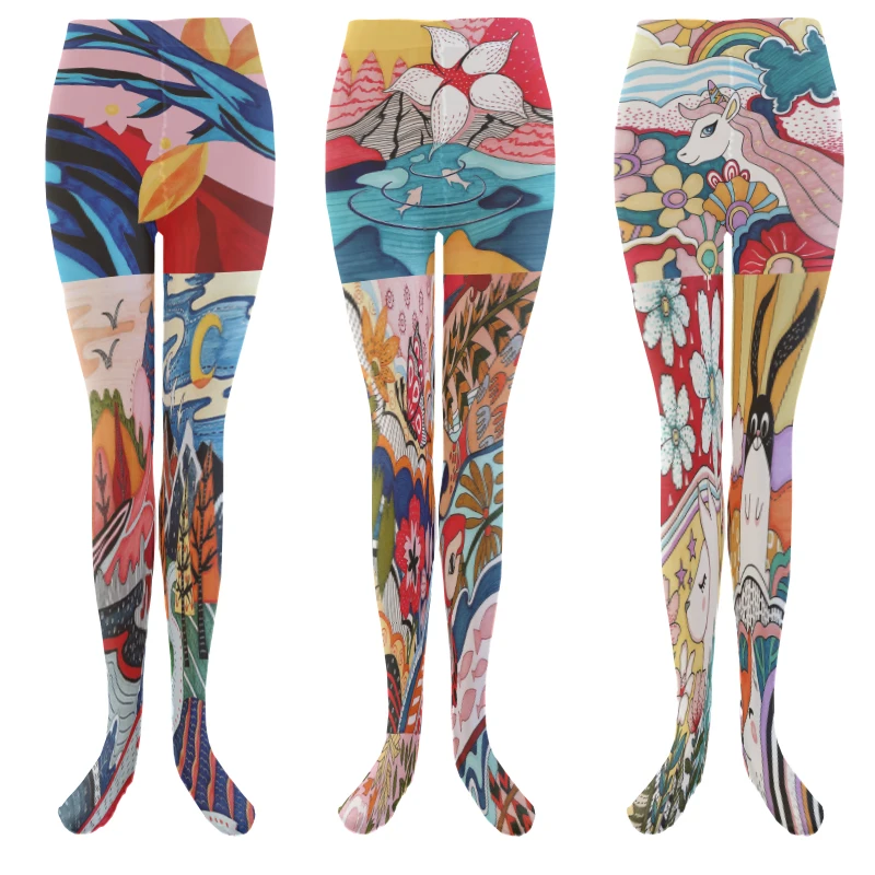 New Stitching Graffiti 3D Printing Ladies Pantyhose Fashion Trend Art Sweet High Quality Stockings Super Thin Sexy Tight Socks