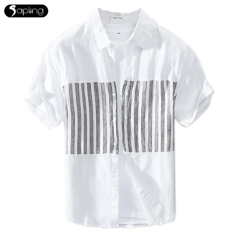 

Summer Short-sleeve Casual Shirts Men Fashion Popular Striped Stitching Loose Top Young Men's Thin Linen Shirt Comfortable Coat