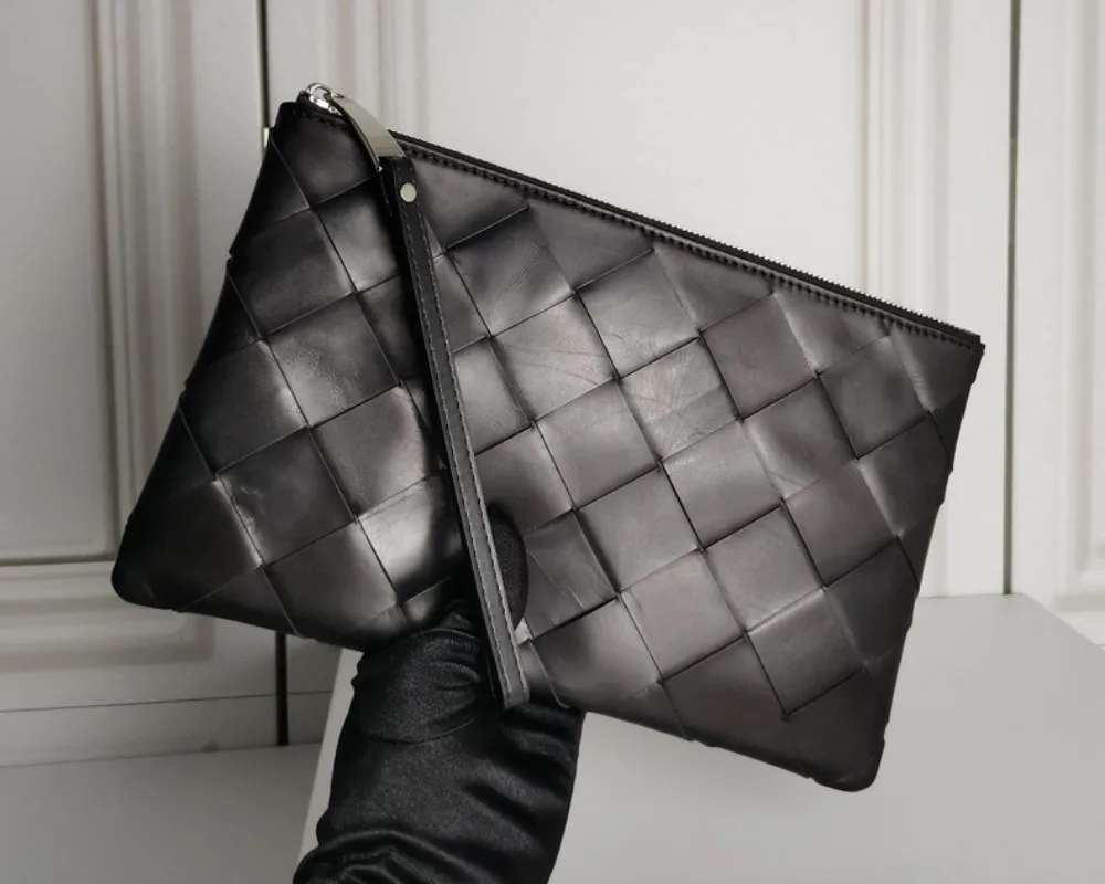 Fashion Leather Men's Clutch Bag Handbag Brand Woven Genuine Leather Bag Classic Black Large Capacity Envelope Bag New Wallet