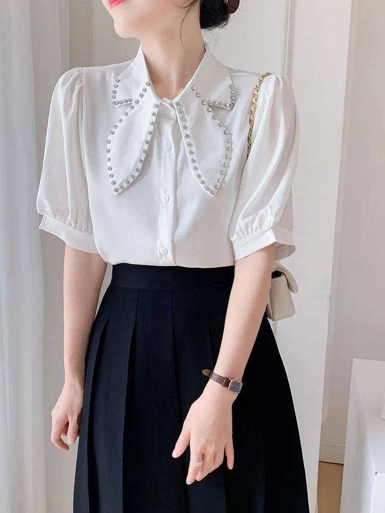 

Женская летняя футболка, модная шифоновая рубашка с бриллиантами в новом дизайне, небольшого размера и уникального стиля, модель D3460, 2023