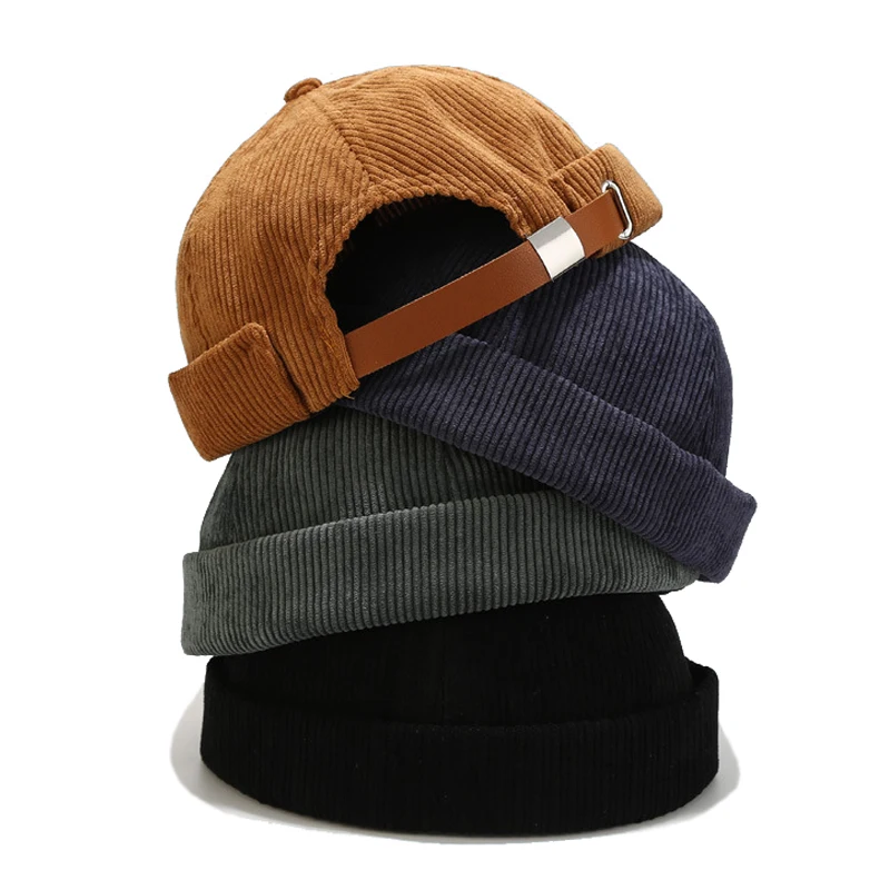 

Corduroy Brimless Cap Men Outdoor Streetwear Docker Hat Women Landlord Beanie Skull Caps Solid Color No Brim Visor Adjustable