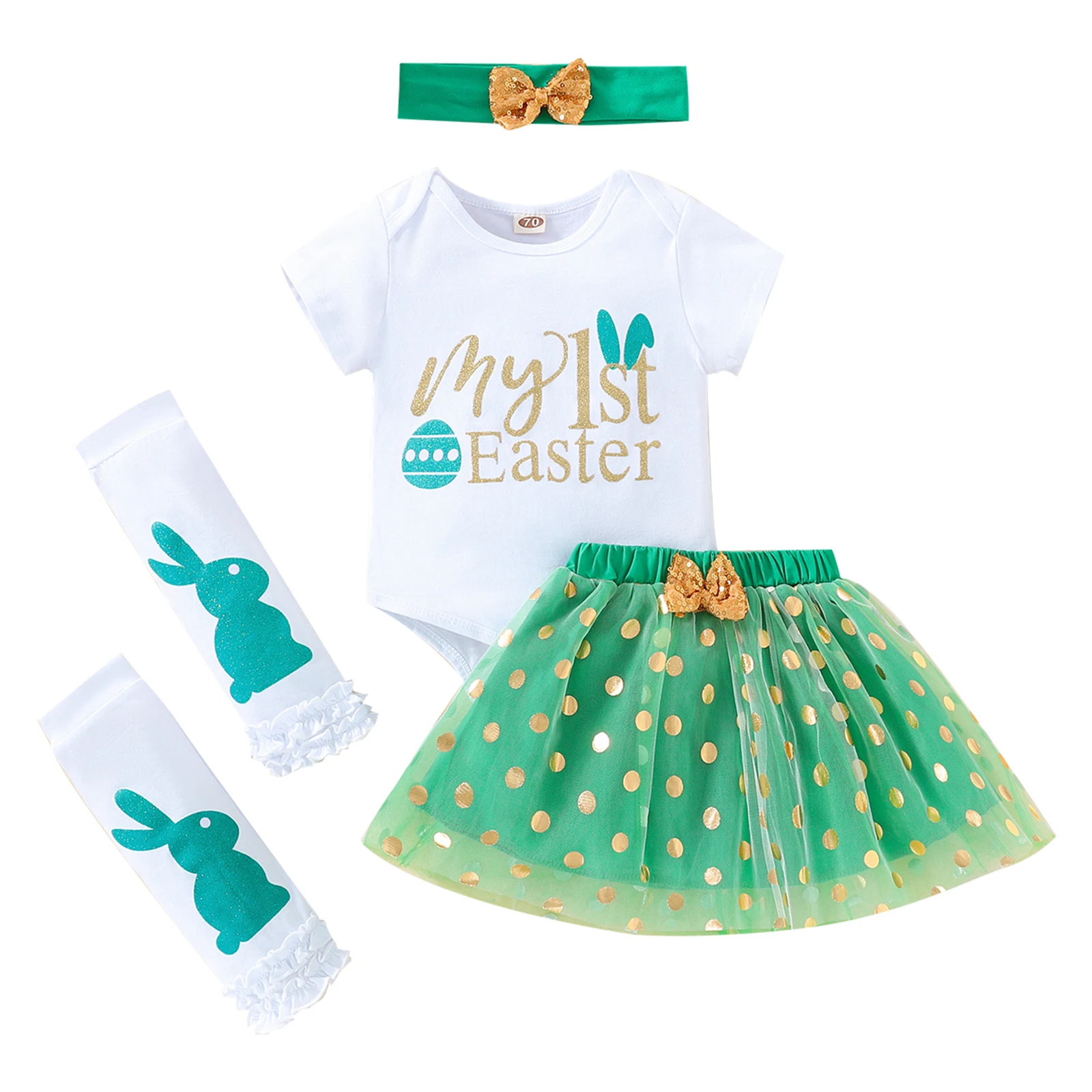

Infant Baby Girls Outfit Letter Print Short Sleeve Bodysuit Dot Tulle Skirts Headband Leg Warmers Clothing