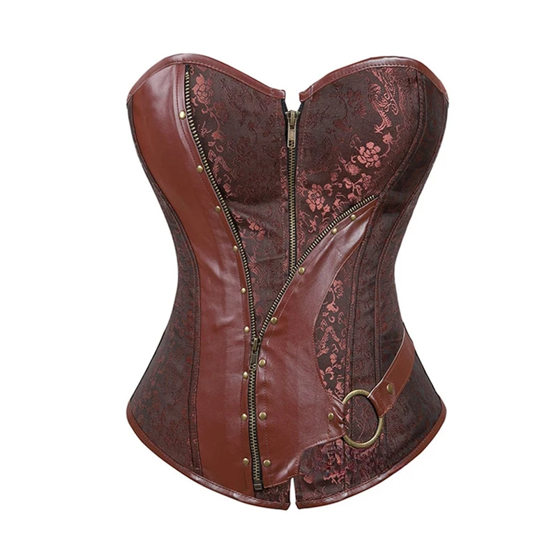 

Steampunk Brown Color Vintage Printed Corset Tight Fitting Gothic Clothes with Zippered Women Waistcoat Corset Lingerie Top