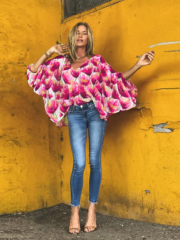 

Boho Pink Rose Print V-neck 3/4 Sleeve Blouse Loose Tops Tunics 2022 Women Summer Clothing Beach Wear Swim Suit Cover Up A1716