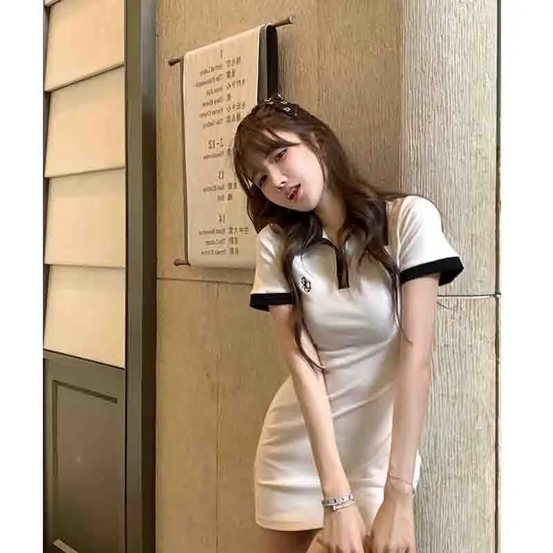 

Summer Cute Lapel Short Sleeve Dress Sweet Girl Slim T-Shirts Mini Dresses Street Fashion All-Match Basic Clothing Kawaii Robe