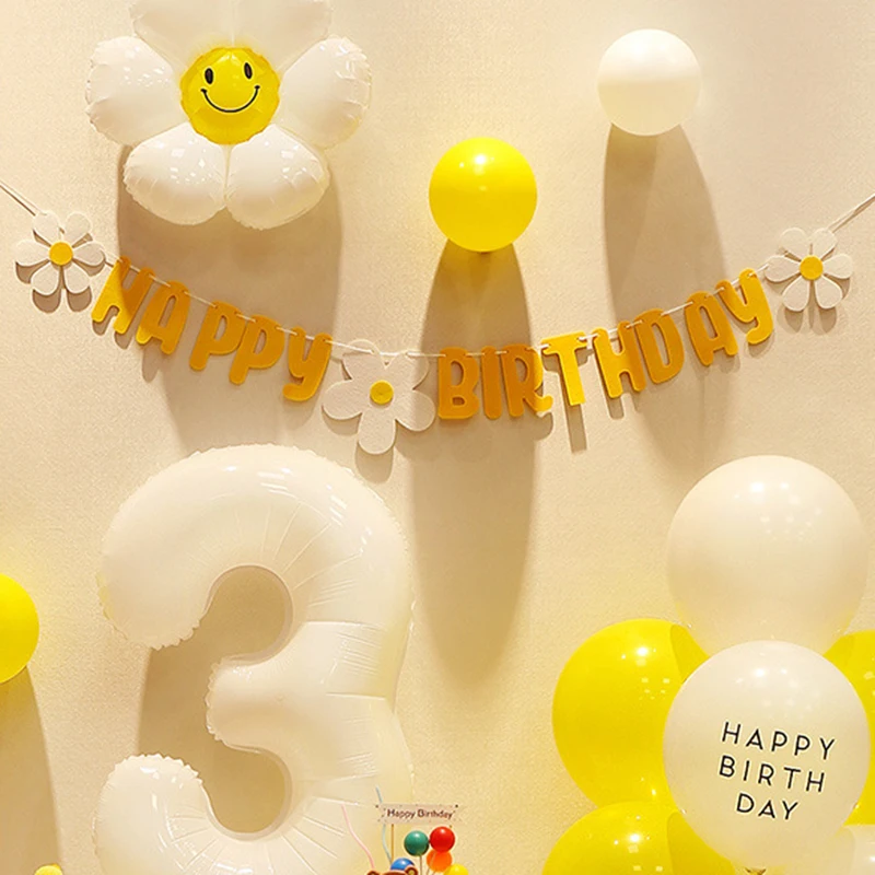 

Daisy Happy Birthday Banner Non Woven White Flower Garland Birthday Party Decoration Kids Baby Shower Hanging Flag