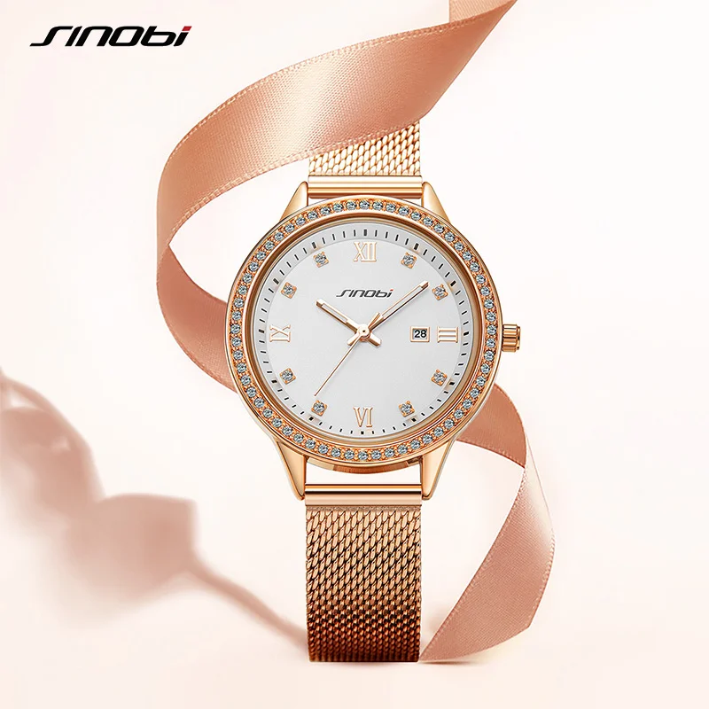 

SINOBI Fashion Women Watches Luxury Leather Stainless Steel Mesh Strap Stylish Women Quartz Wristwatch with Calendar Girl Watch