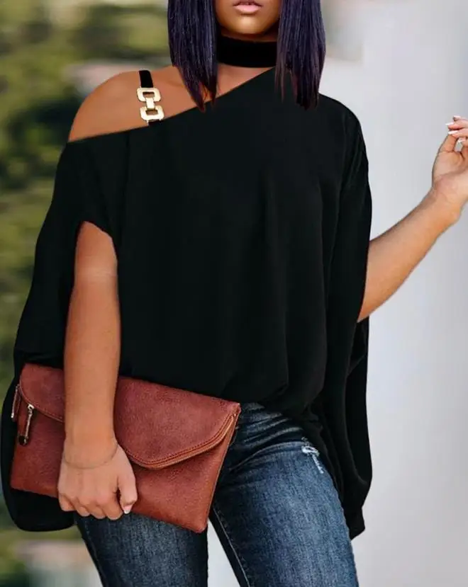 

Women's Fashion Cold Shoulder Chain Decor Top Plain Batwing Sleeve Casual Blouses 2023 Summer New Daily Short-Sleeve T-Shirt
