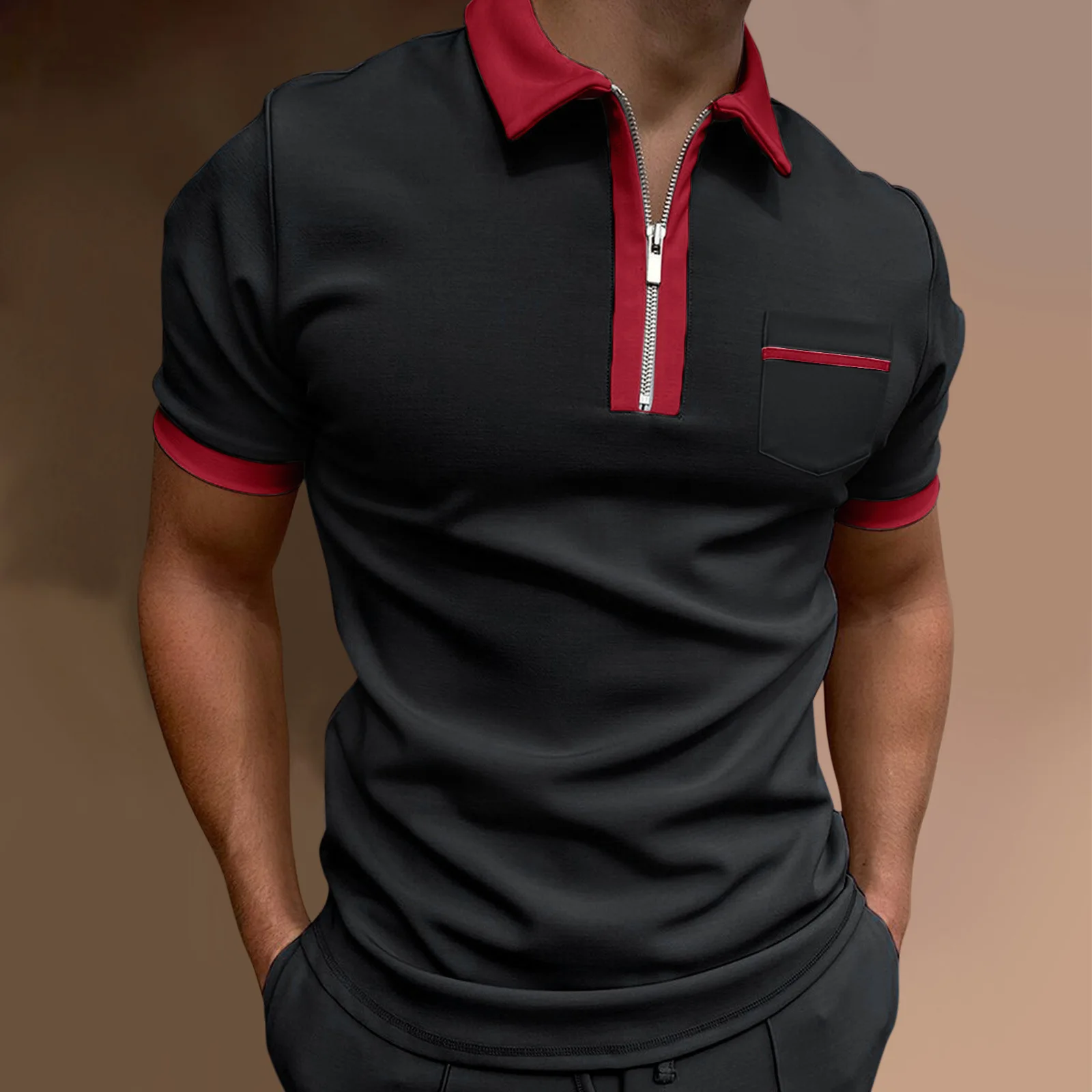 

Men's Polo shirt T-shirt top Short sleeve men's lapel zipper casual Polo shirt running fitness sweatwapping top