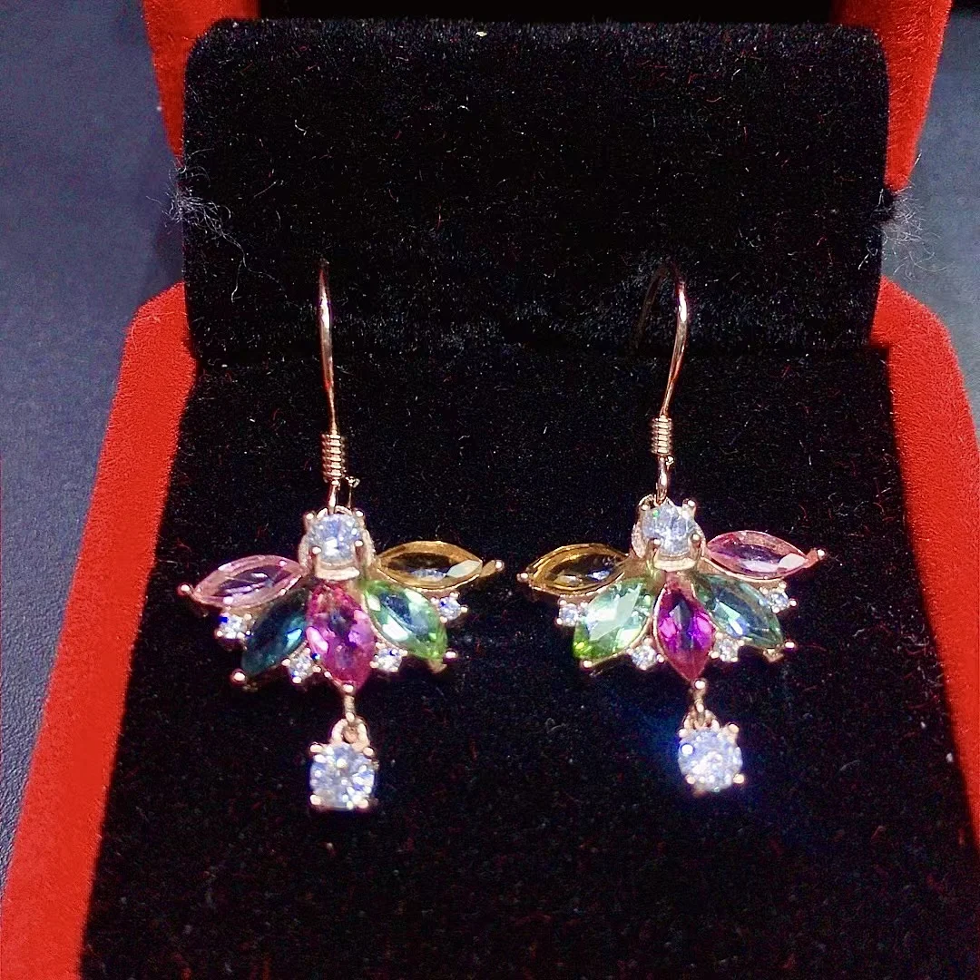 Разноцветные турмалиновые серьги-подвески для свадьбы 3 мм * 6 всего 925 карата