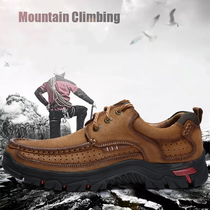 

New Arrival Genuine Leather Hiking Shoes Wear-resistant Outdoor Sport Men Shoes Lace-Up Mens Climbing Trekking Hunting Sneakers