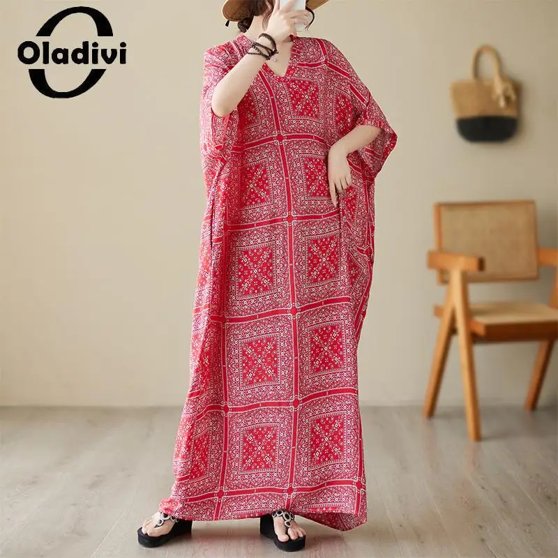 

Oladivi Fashion Print Women Bohemian Beach Dress 2023 Summer Large Size Boho Long Dresses Ladies Oversized Clothing 8XL 9XL 5565