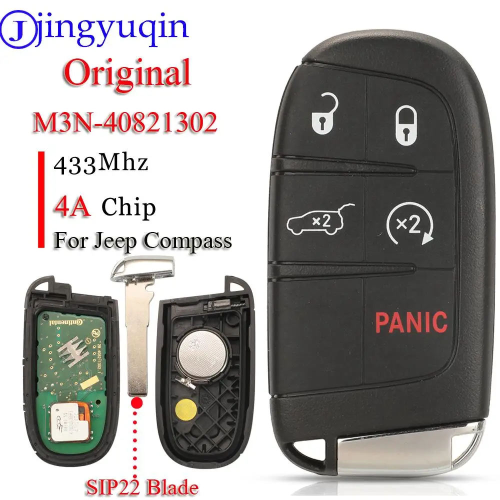 

Jingyuqin Original 5Button Remote Smart Car Key Fob 433mhz 4A Chip Keyless Entry For Jeep Compass M3N-40821302 SIP22 Blade