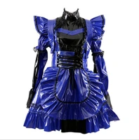 blue role play maid dress with apron doll skirt french sissy pvc short sleeved gothic dress lockable uniform