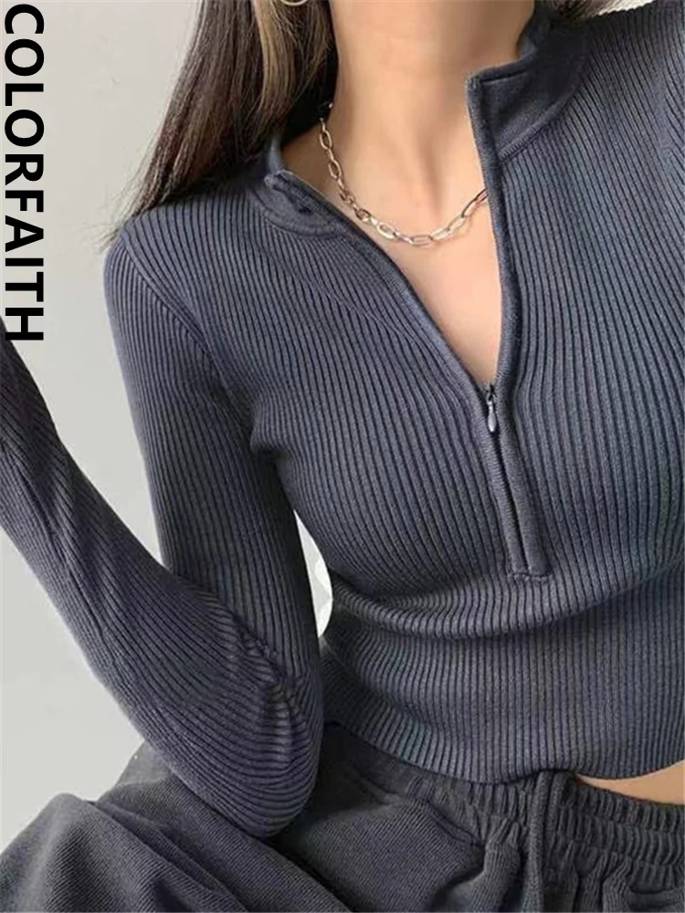 

Colorfaith New 2022 Vintage Korean Fashion Mock Neck Zipper Bottoming Knitted Women Autumn Winter Sweaters Short Tops SW5046DG