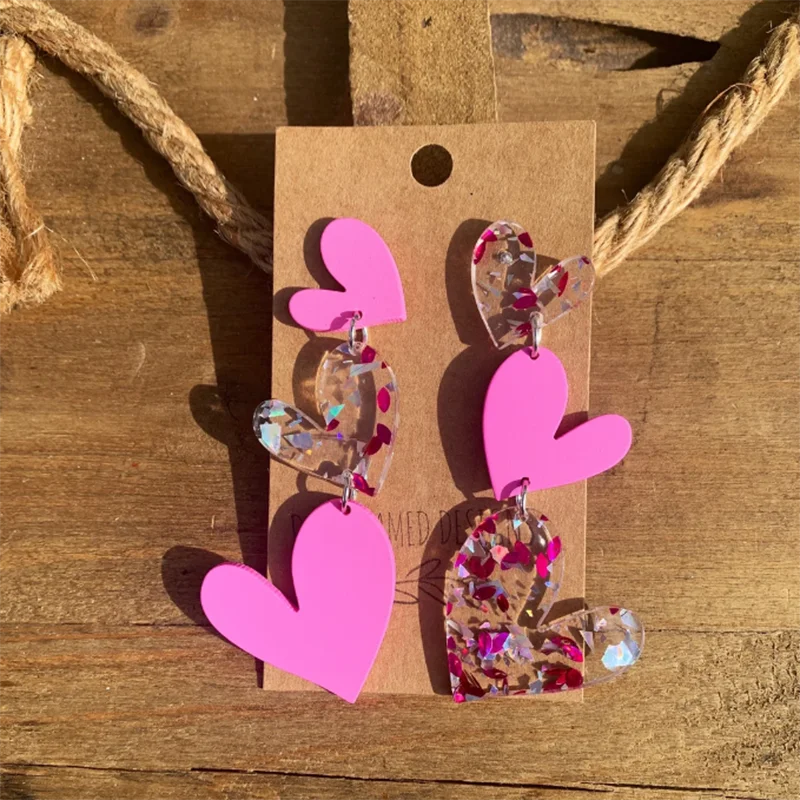 

VALENTINE’S DAY HEART EARRINGS Acrylic 3 Hearts Pink Clear and Foil Glitter Post Back Earrings for Women Girls Love Ear Accessor