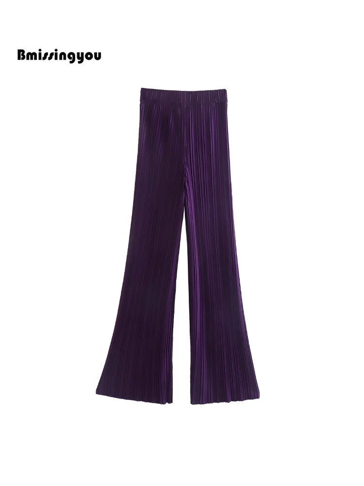 Bmissingyou Dark Purple Pleated Women Trousers Floor Length High Waist Loose Flare Pants 2023 Female Wide Leg Trousers
