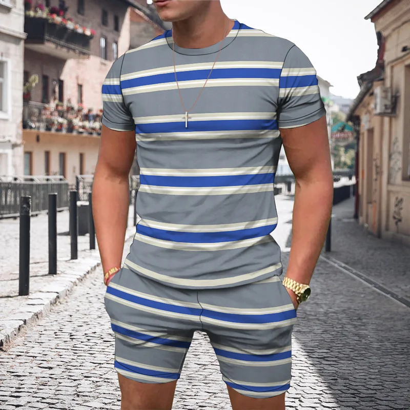 2023 Men's European Version Of Two -piece 3d Printed Stripes Personality Fashion Loose Leisure Sports T -shirt Beach Pants Set