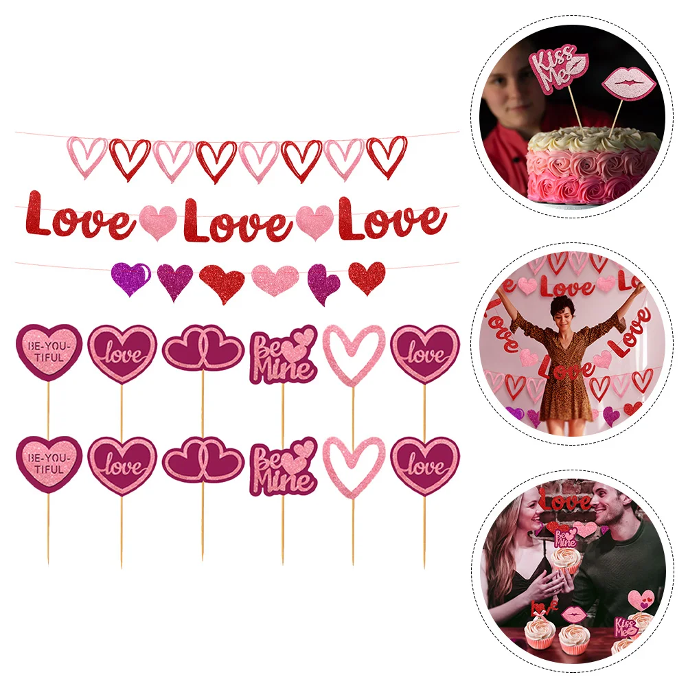

Valentine Day S Banner Party Heart Decoration Hanging Flag Pattern Love Toppers String Cupcake Banners Glitter Decor Garland