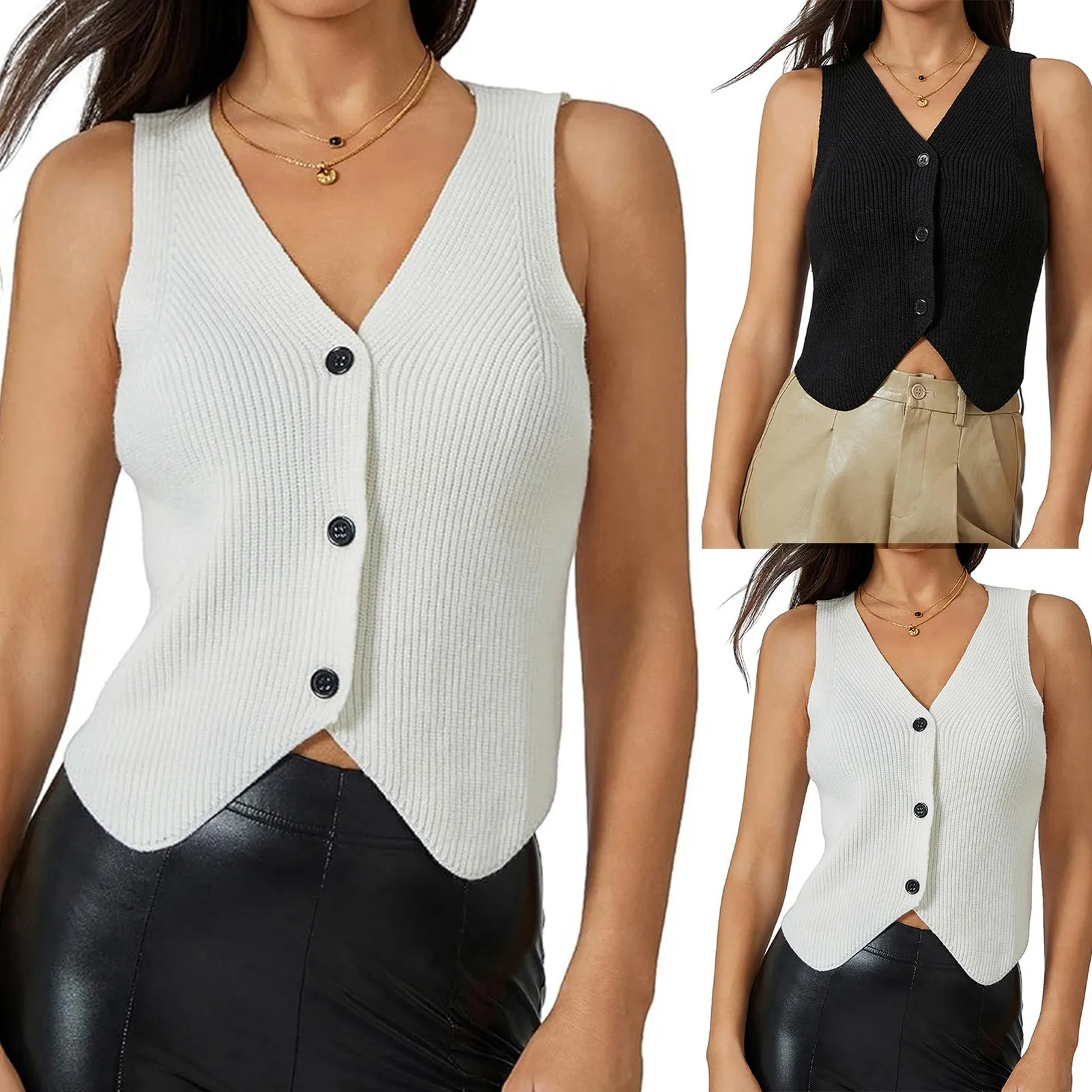 Осень-зима женский короткий вязаный жилет топ с v-образным вырезом однобортный