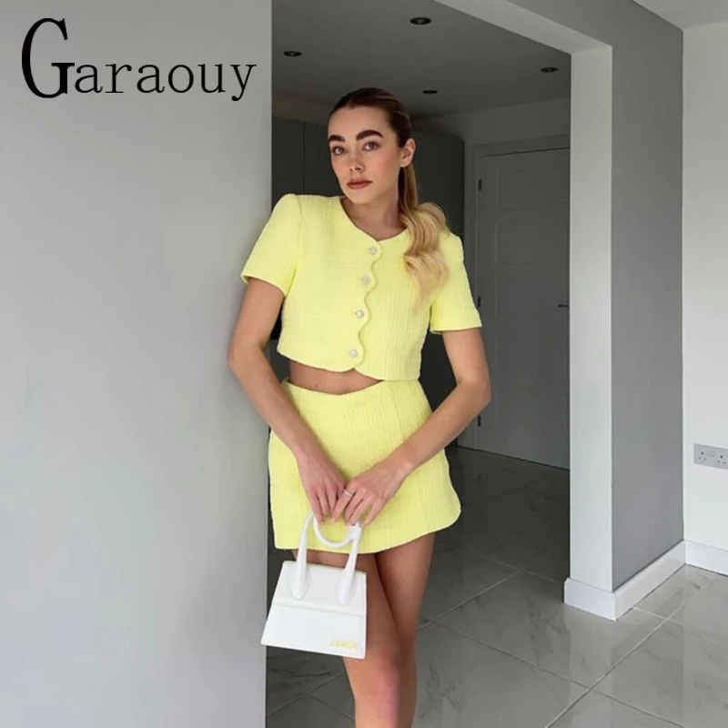 

Garaouy 2022 New Summer Women Tweed Chic Button Short Blazer High Waist Shorts Female O-Neck Short Sleeve Suit Coat Hakama Mujer