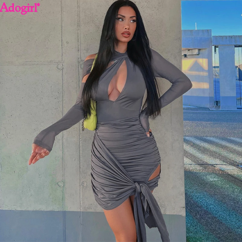 

Adogirl кружевное Плиссированное прозрачное Сетчатое облегающее мини-платье