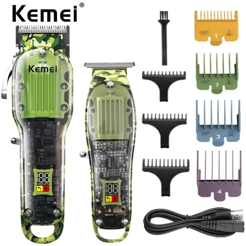 Kemei electric hair clipper transparent shell Camo hair trimmer for men grooming beard hair cutter barber cordless machine