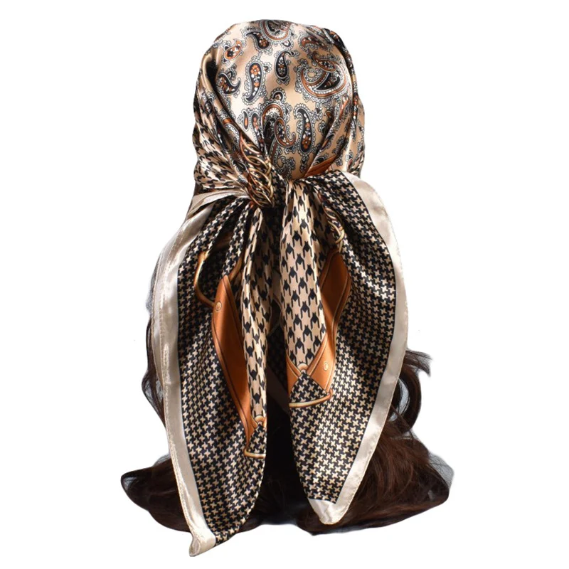 

90 см квадратные твидовые шелковые атласные шарфы, Модный женский платок, шейный шарф, шаль, парео, бандана, аксессуары для волос