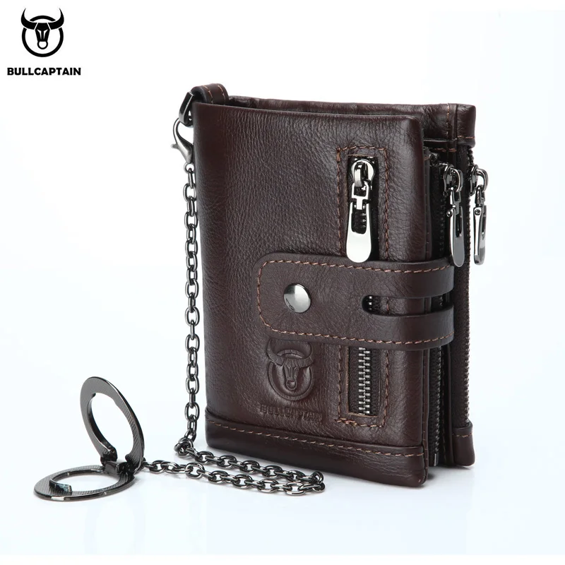 BULLCAPTAIN Men Genuine Leather Retro Zipper Wallet  Anti-theft swipe RFID function Leisure Short Driver's license  Coin Purse