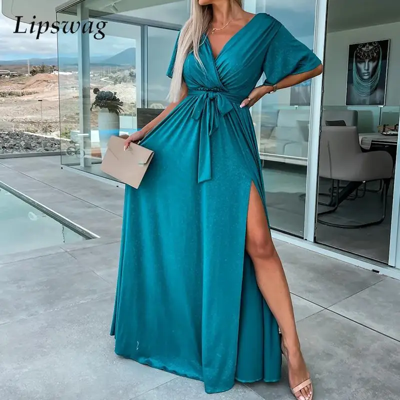 

Sexy V Neck Short Sleeve Long Dress Fashion Solid Color Tie-Up Women Party Dress Summer Elegant Ladies Office High Split Dresses