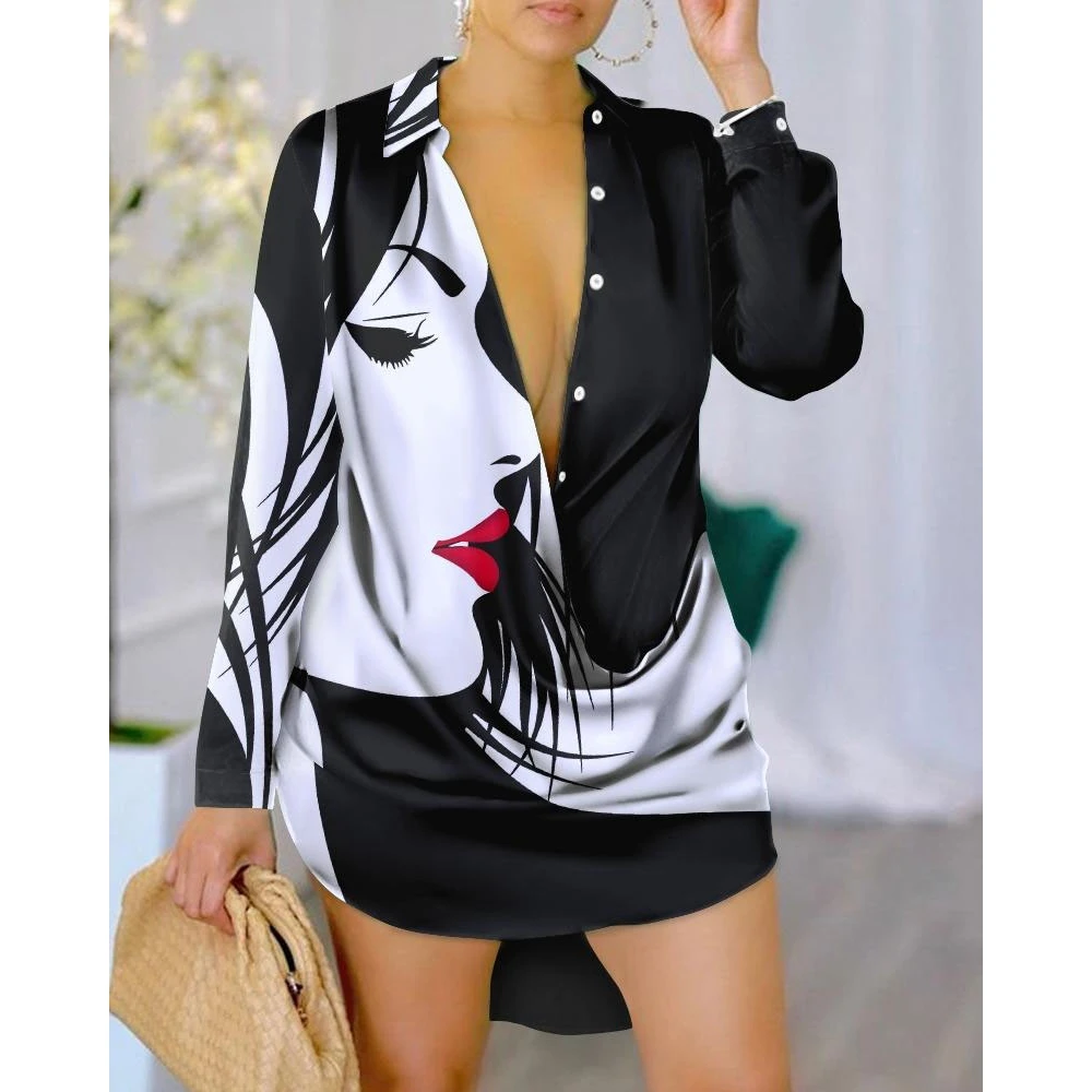 

2023 Women Abstract Figure Print Buttoned Draped Shirt Dress Long Sleeve Mini Asymmetrical Dress Sexy Lady Spring Party Wear