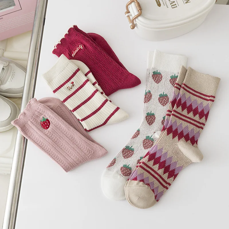 

Long Cotton Socks Korean Women Style Autumn Winter Cute Harajuku Woman Socks Kawaii Girls Socks Gift Plaid Strawberry Embroidery