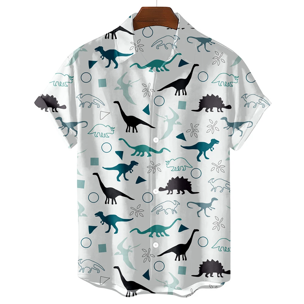 

Men's Shirt Cute Dinosaur Print Black And White Simple T-shirtLapel Short Sleeve Oversized Men's Clothing Shirt Fashion Blouse