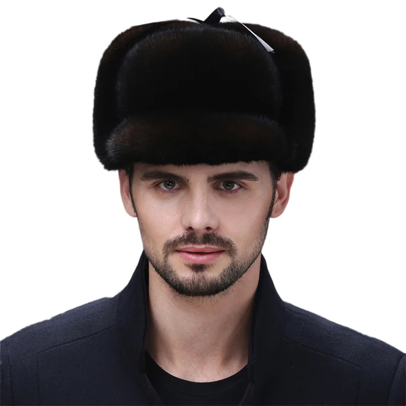 Hot Sale Men Quality 100% Natural Mink Fur Hat Winter Man Super Warm Real Mink Fur Cap Male Real Sheepskin Leather Bomber Hat