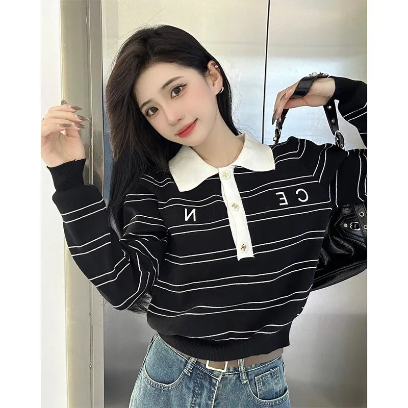 

New Fashion Casual Lady Knit Sweater College Style Lapel Collar Letter Embroidery Stripe Pullover Knitwear Women Fashion Sweater