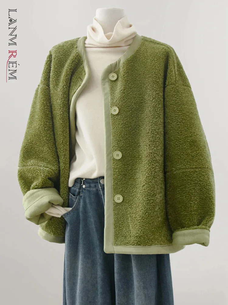

LANMREM Korean Style Lamb Fur Women'scoat Round Neck Contrast Color Single Breasted Warm Jackets Fashion 2023 Winter New 32C365