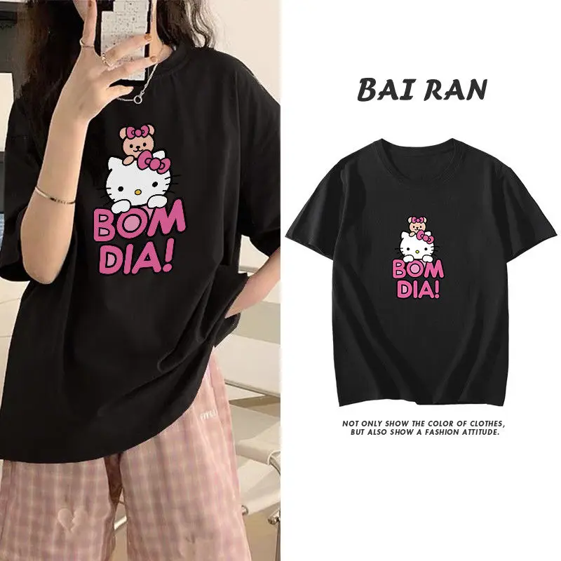 

Hello Kitty Kawaii T-Shirt Short Sleeve Printed Sweet Cotton Casual Loose Large Size Short Sleeves Trendy T-Shirt Tops Summer
