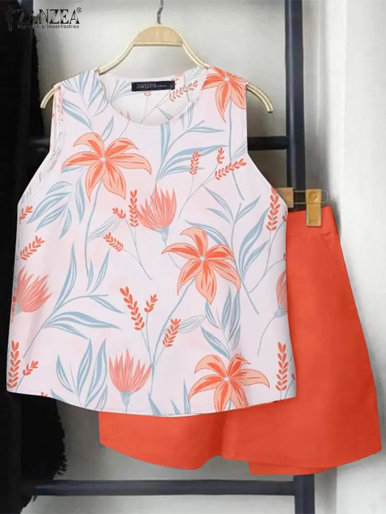 Лето 2024 однотонные шорты ZANZEA комплект из 2 предметов повседневная майка с принтом