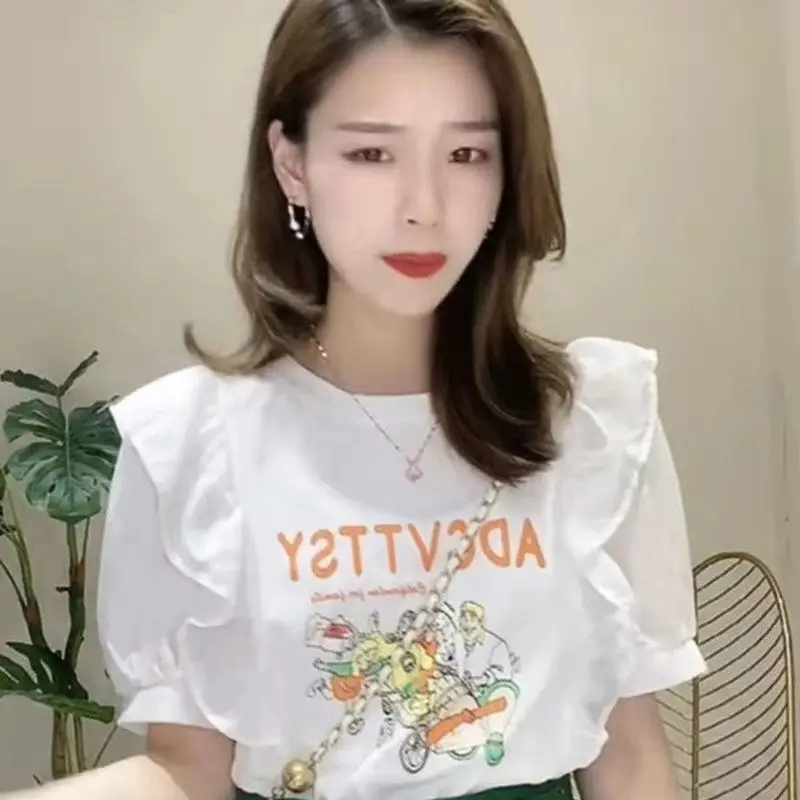 

Bubble Sleeve Short Sleeve White T-shirt Women's Summer New Cartoon Pullover Letter Round Neck Ruffled Foreign Style Jacket