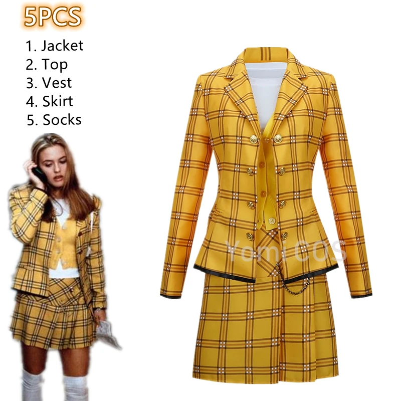 Film Clueless Cher Horowitz Dress Suit School Uniform College Jacket Skirt Knitted Halloween Cosplay Costume Woman Outfits