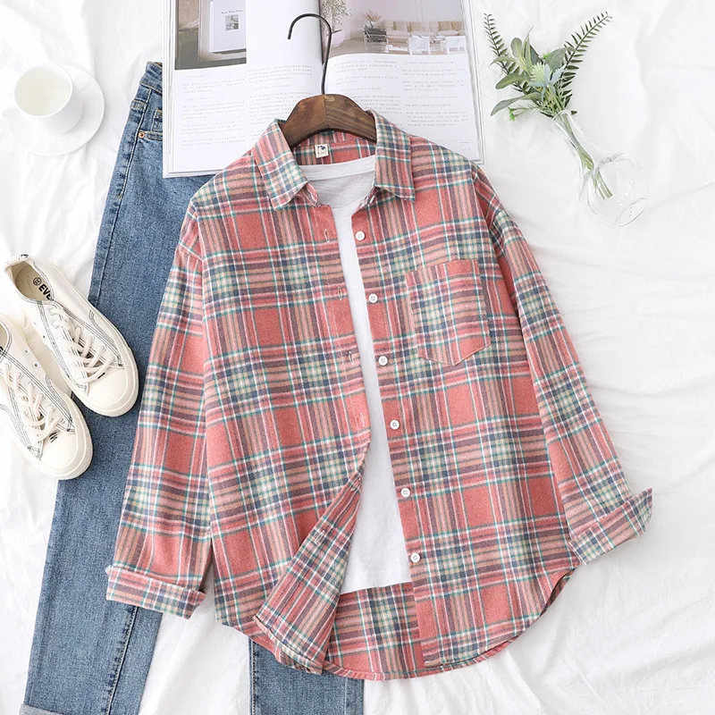 

Women's Clothing Blouses Shirt Casual Plaid Shirts Loose Boyfriend Style Cotton Ladies Tops Outwear Blusas Mujer De Moda 2023