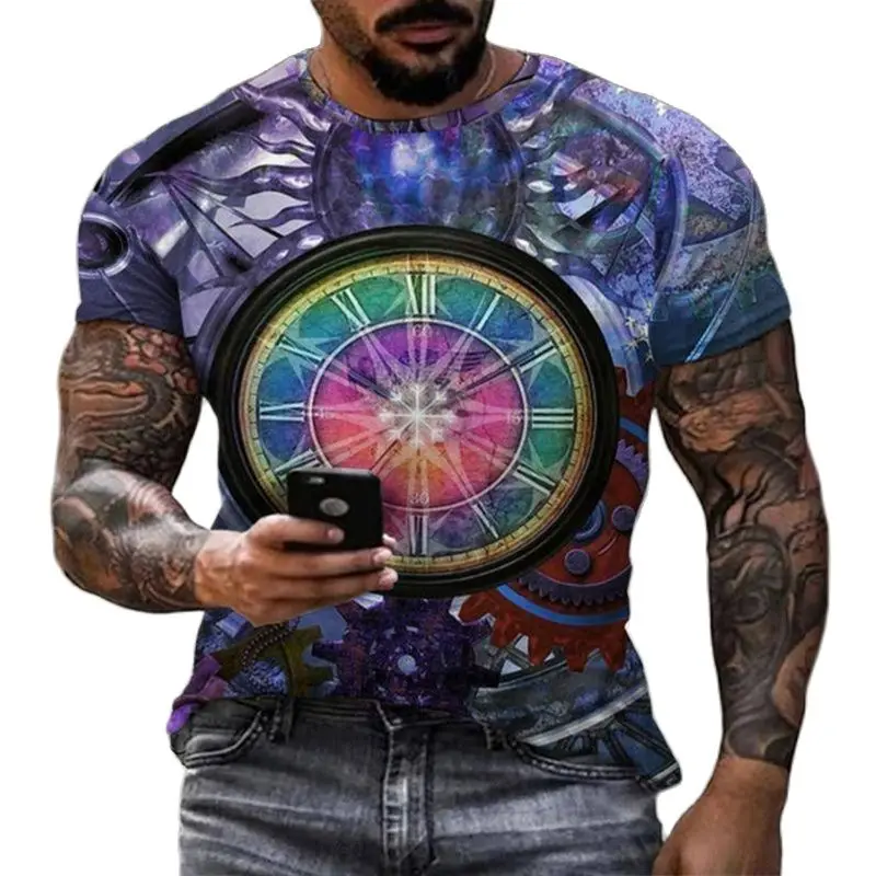 

Mechanical Watch Movement Summer 3D Harajuku Hardcover Print Men And Women Personality Retro Short Sleeve Round Neck T-Shirt Top